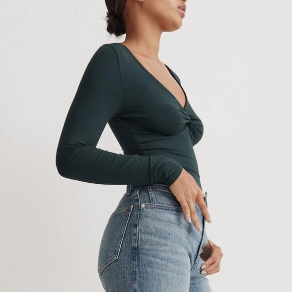 Madewell Twist-Front V-Neck Long Sleeve Fitted Tee Forest Green Size XS NWT - Picture 2 of 10